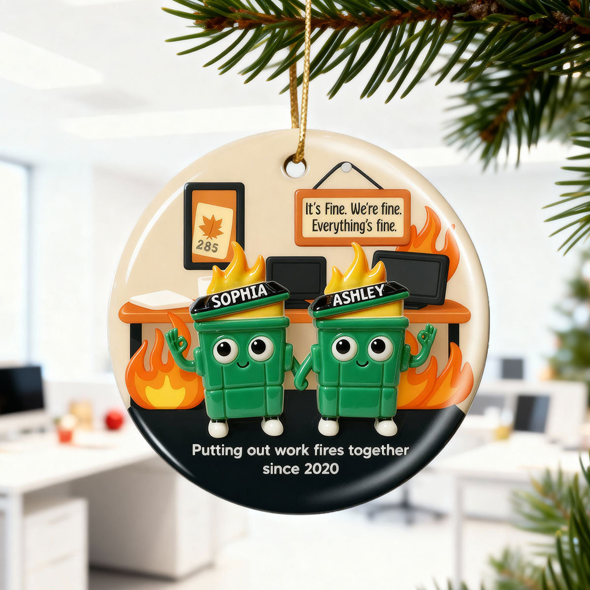 3D Effect Dumpster Fires In Office Scene - Personalized Ceramic Ornament - Funny Gift For Colleagues, Work Besties