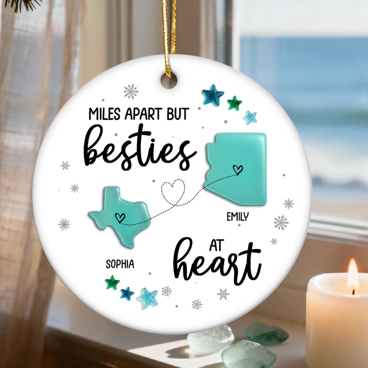 3D Sea Glass Effect Christmas Long Distance State Maps Besties - Personalized Ceramic Ornament