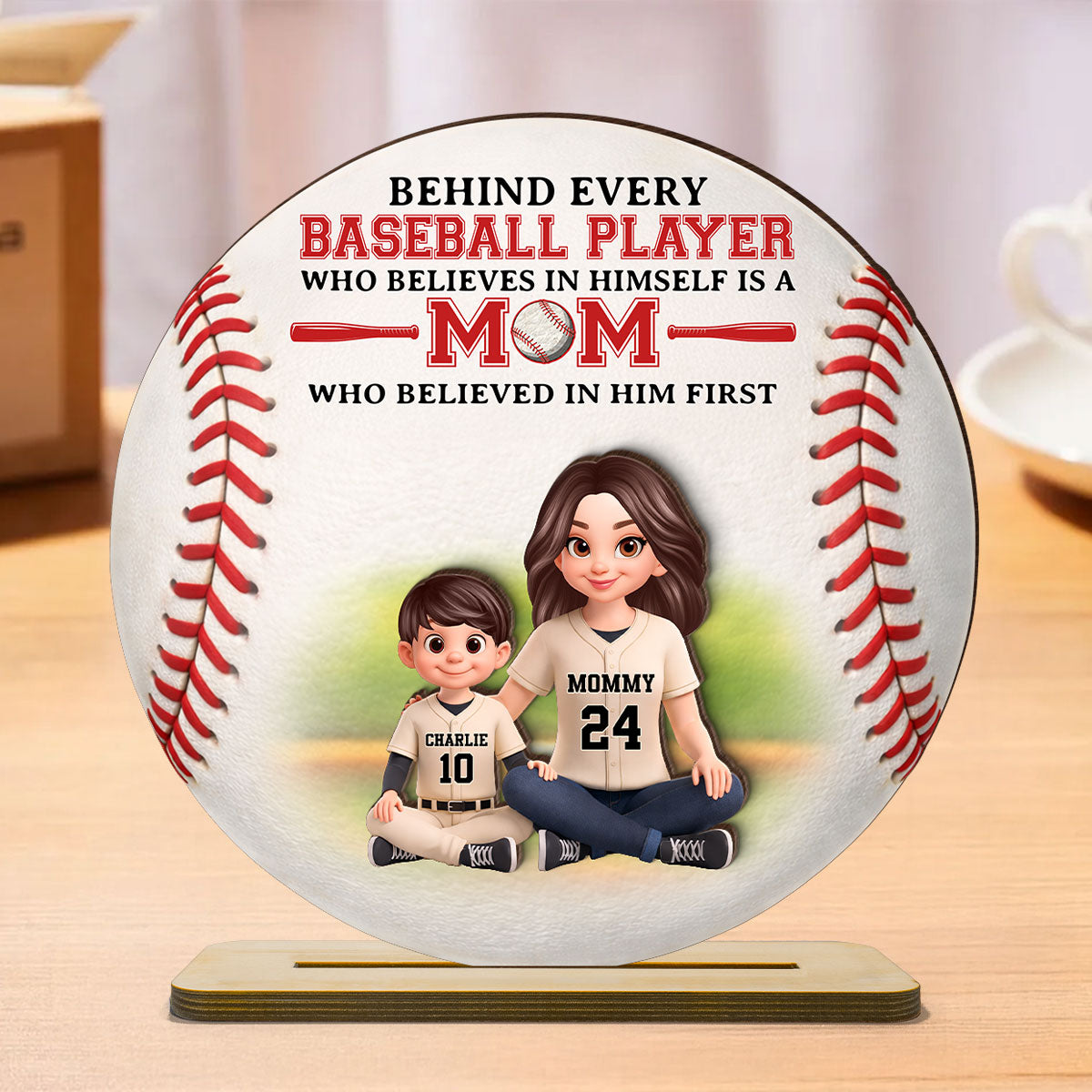 Behind Every Baseball Player Is Mom - Personalized 2-Layered Wooden Plaque - Heartfelt Gift For Mom, Grandma