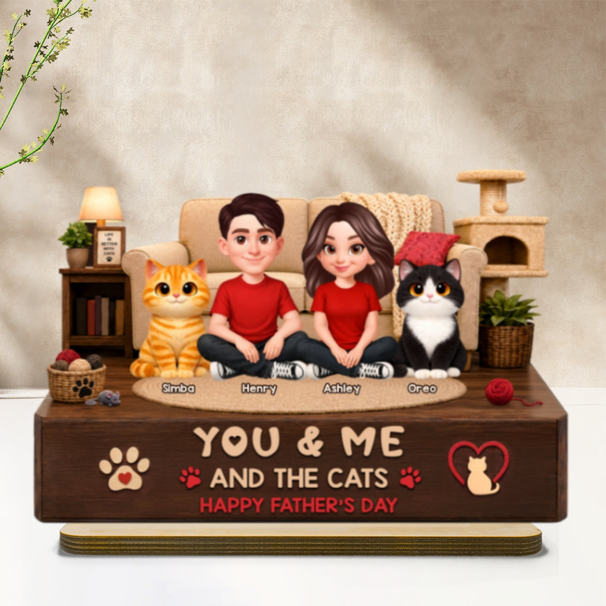 You & Me And The Cats Cozy Room 2D Flat - Personalized 2-Layered Wooden Plaque -  Gift For Cat Dad