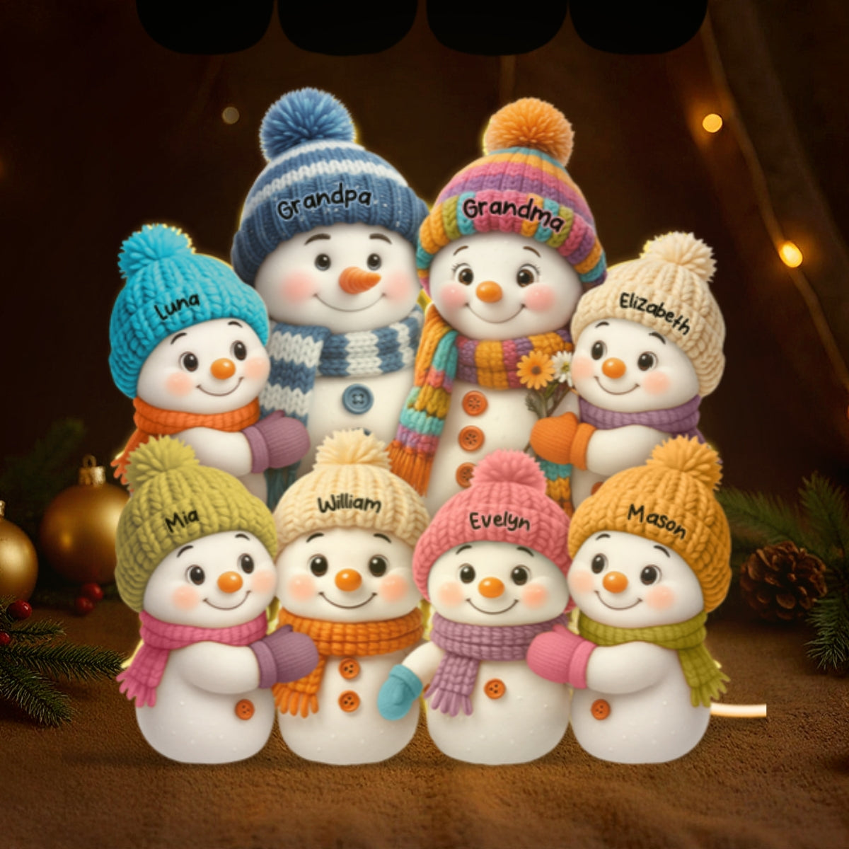 3D Effect Snowman Grandma, Grandpa, Grandparents and Grandkids Personalized Light Box - Christmas Gift for Family, Grandma, Grandpa
