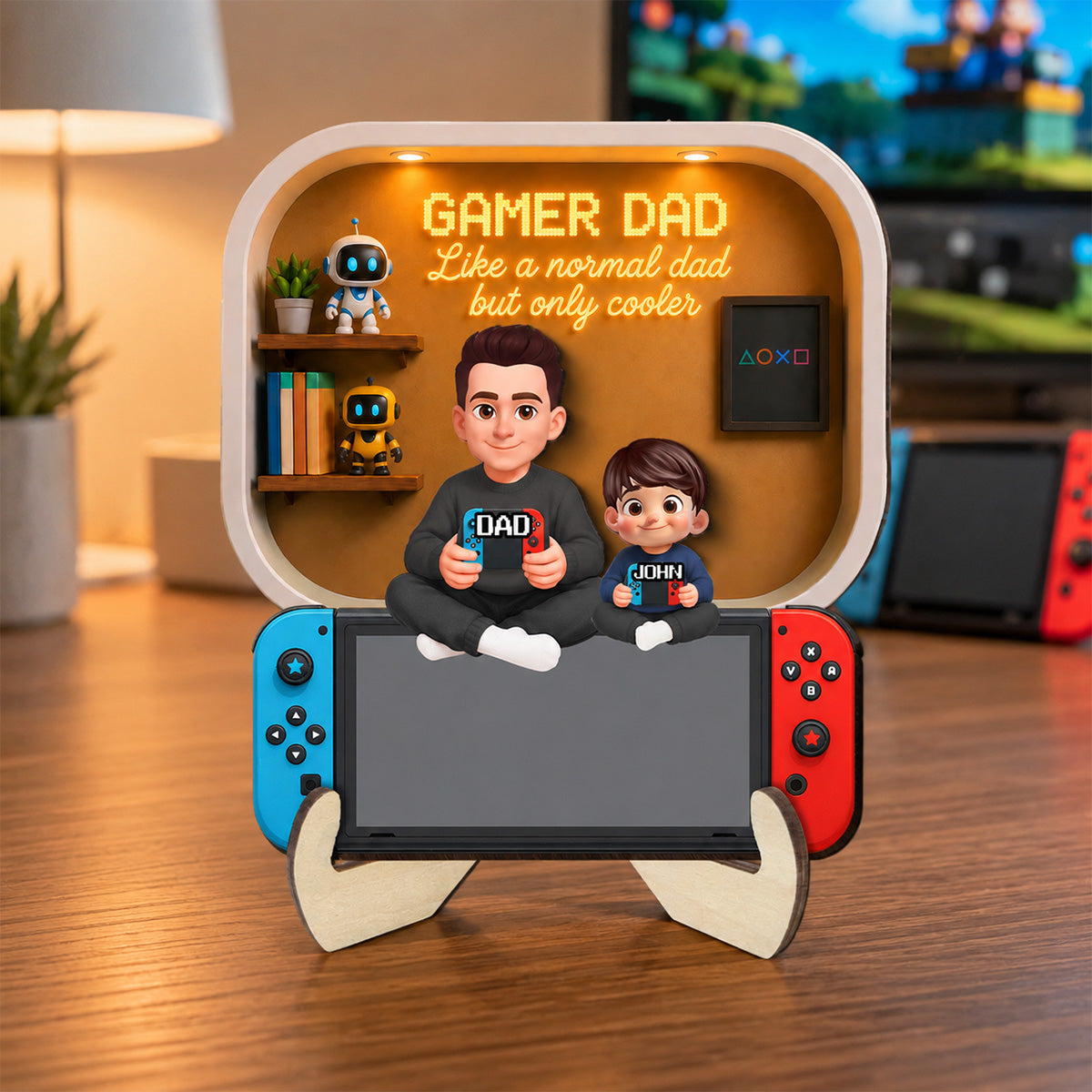 Gamer Dad And Kids - Personalized 2-Layered Wooden Plaque -  Gift For Dad, Husband, Gamers