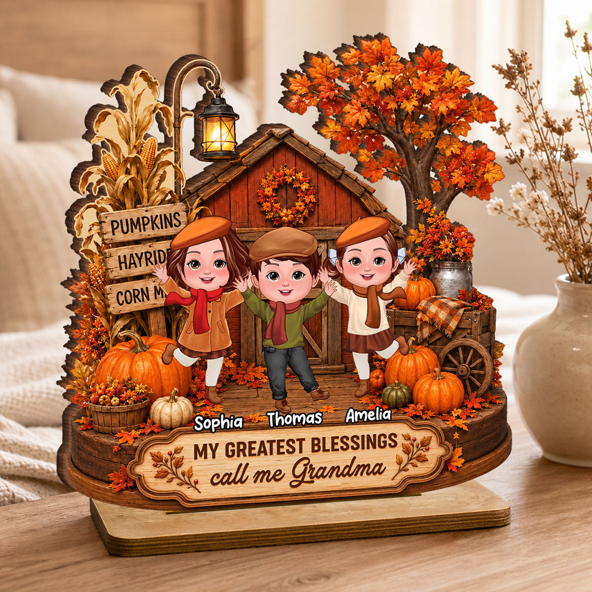 Grandma Grandkids Greatest Blessings - Personalized 2-Layered Wooden Plaque - Fall Season Decor Gift, Gift For Grandma