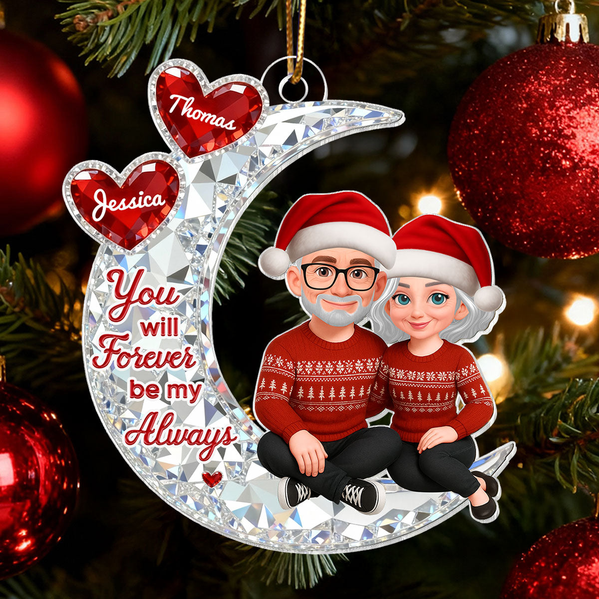 3D Effect Flat Couple Sitting On Moon - Personalized Acrylic Ornament - Heartfelt Gift For Couple, Gift For Him, For Her
