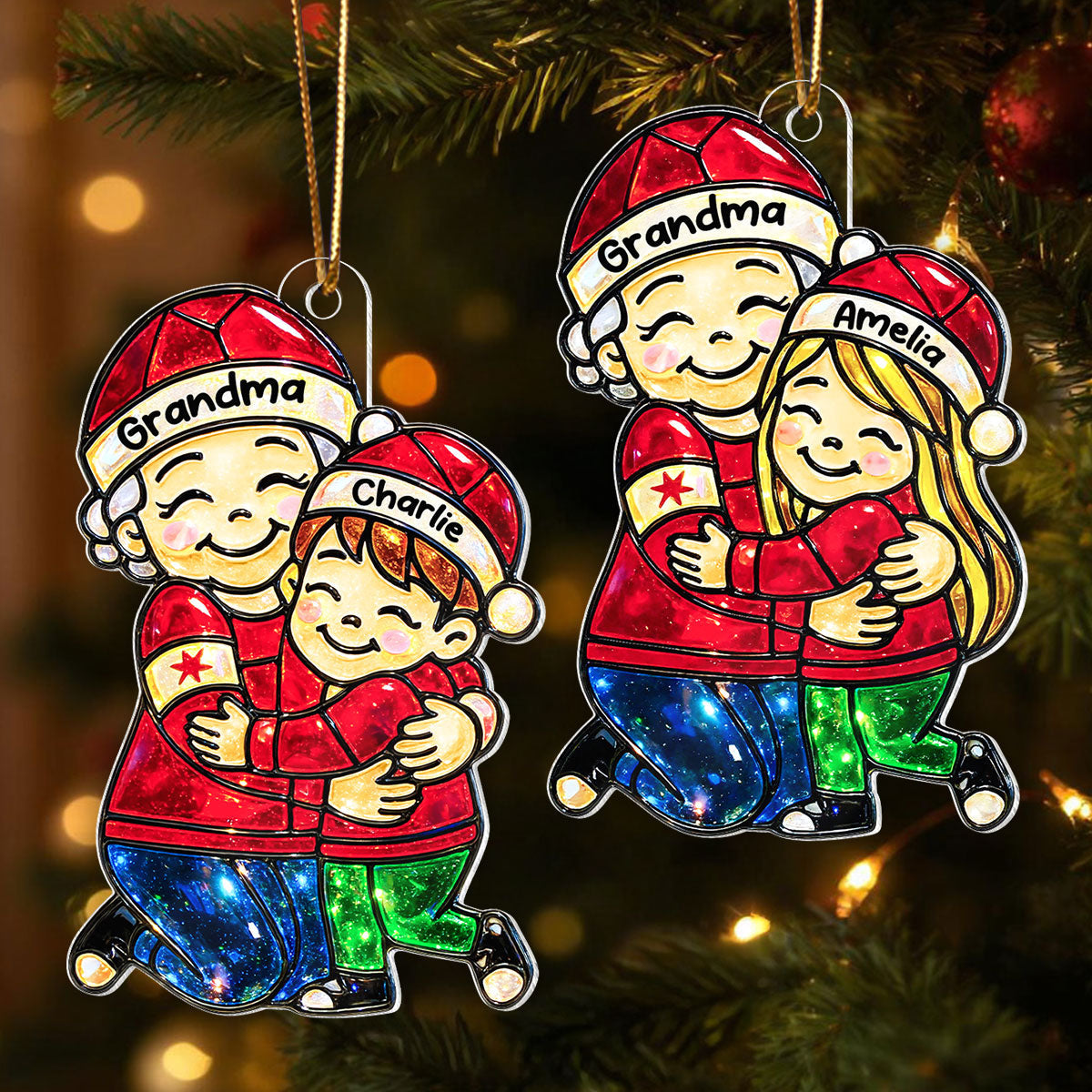Grandma Hugging Grandkids Stained Glass Pattern - Personalized Acrylic Ornament - Heartwarming Christmas Gift For Grandma, Granddaughter, Grandson