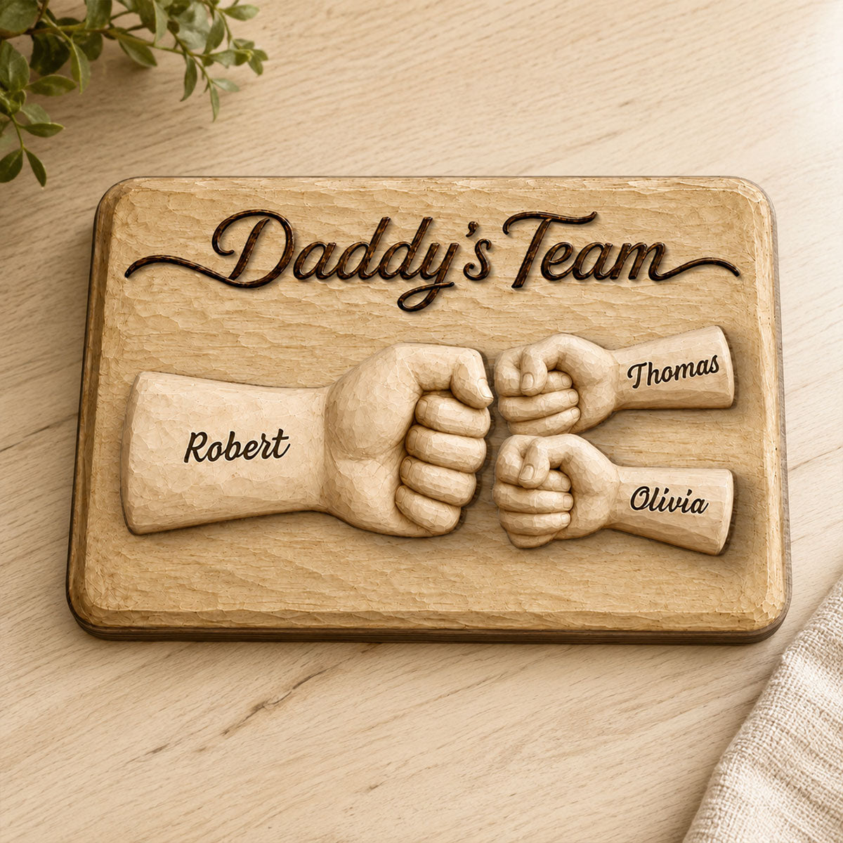 Sentimental Rustic Daddy's Team Fist Bump - Personalized 2-Layered Wooden Plaque -  Gift For Dad, Husband