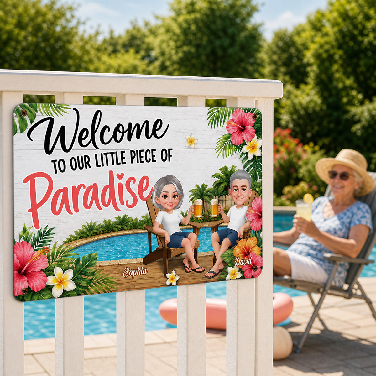 Welcome To Our Little Piece Of Paradise - Personalized Metal Sign - Outdoor Pool Fun Wall Decoration