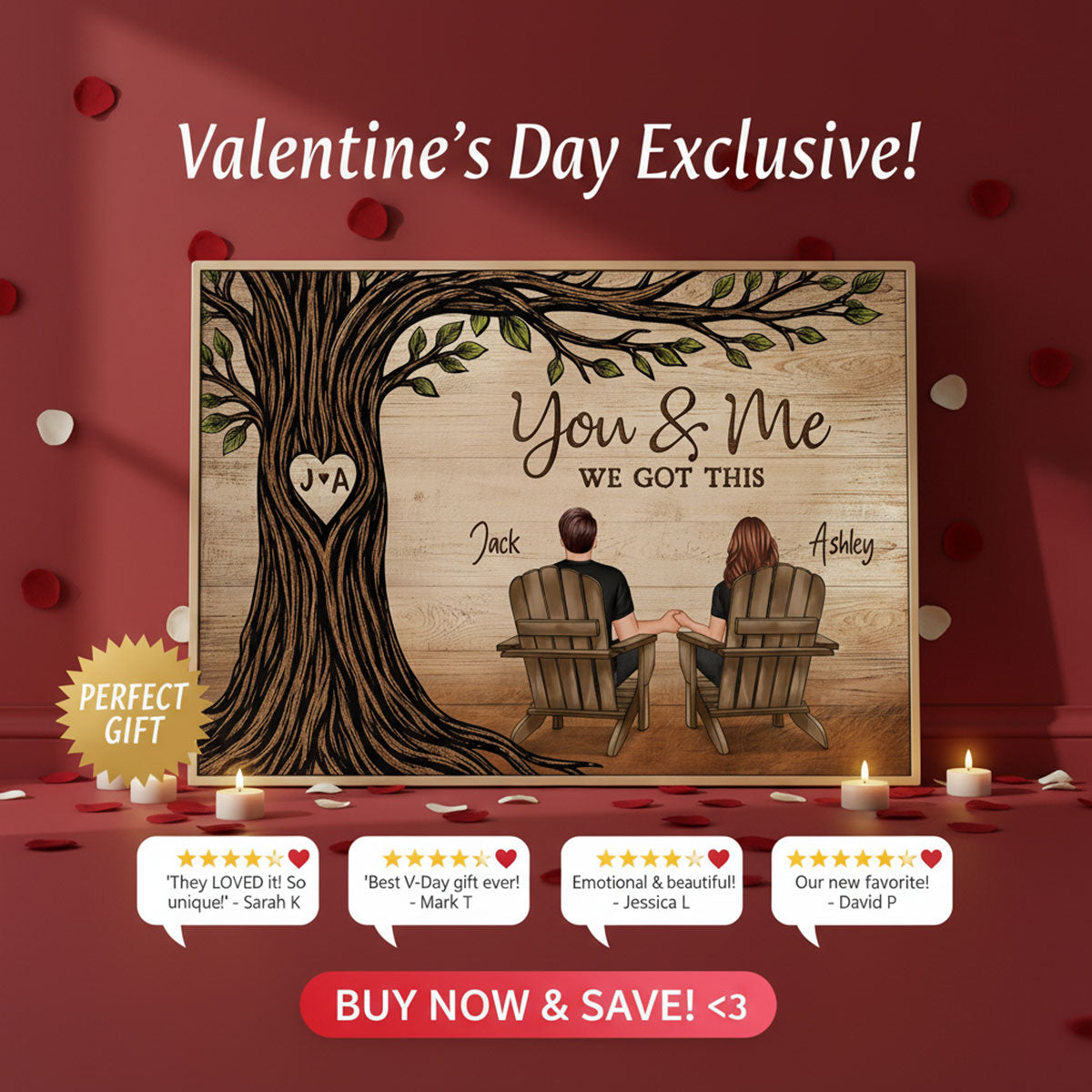 Couple Sitting Under Heart Carved Tree - Personalized Poster - Valentine's Day Gift For Couple