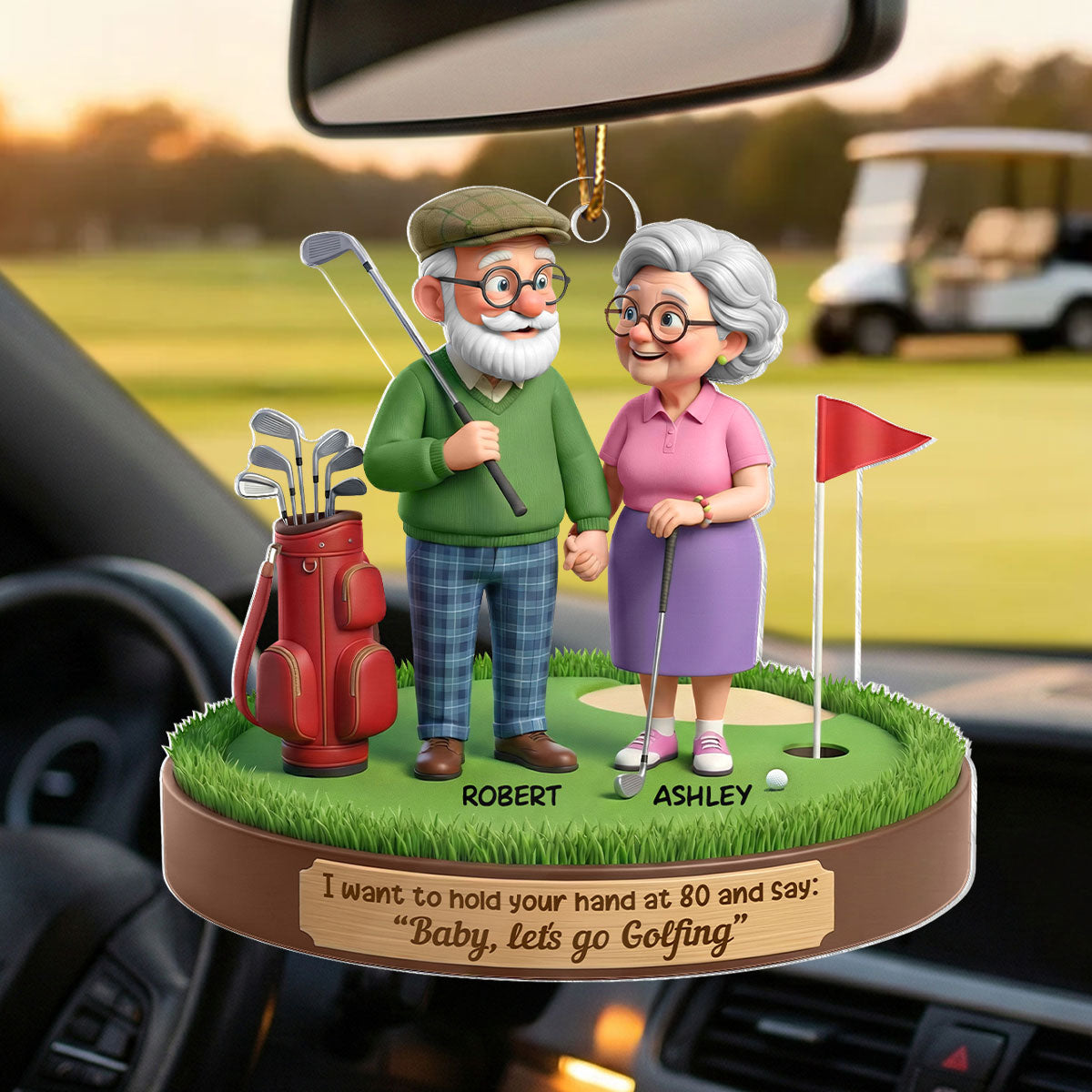 3D Effect Old Couple Baby Let's Go Golfing - Personalized Acrylic Car Hanger - Sentimental Gift for him, for her