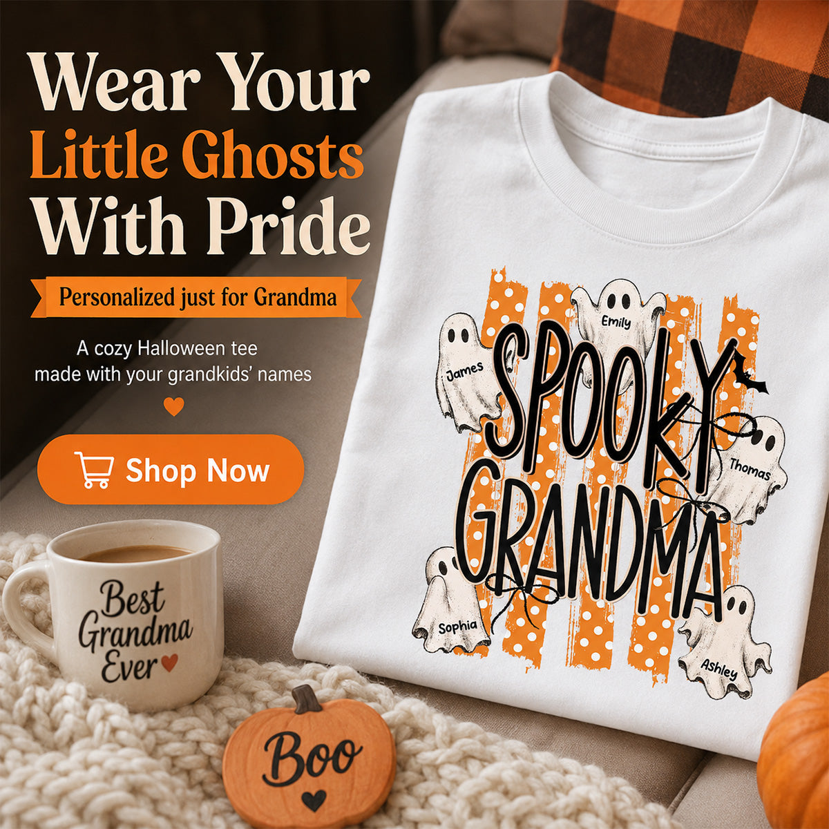 Spooky Grandma Striped Halloween Ghosts - Personalized Shirt