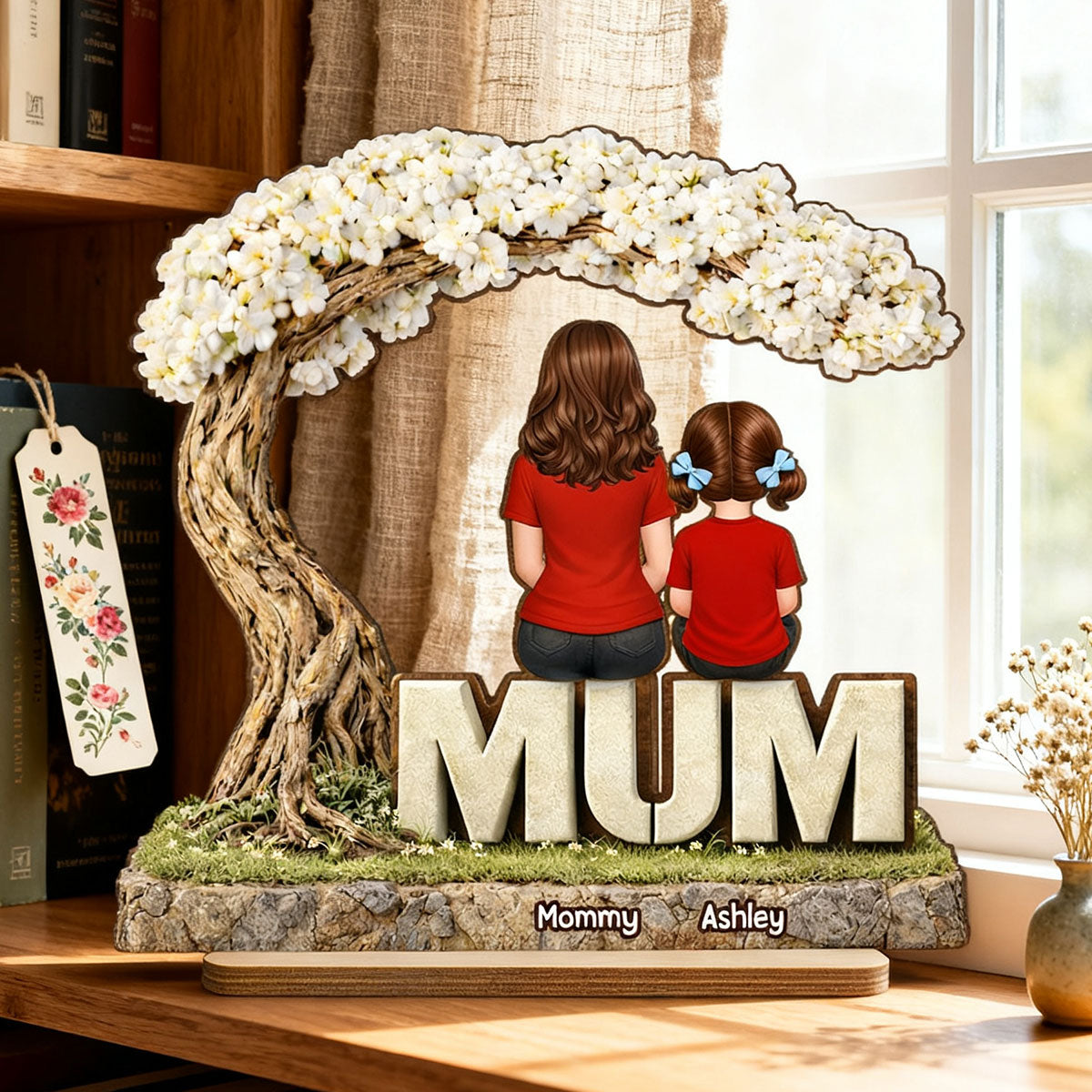Personalized Family Tree 2-Layered Wooden Plaque – Mom & Kids Names Standing Decor