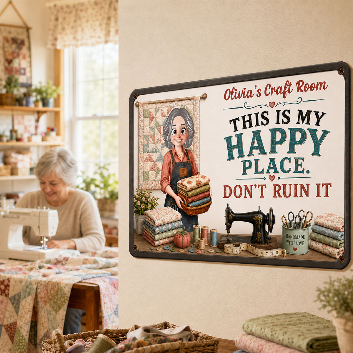 This Is My Happy Place Don't Ruin It Sewing Girl - Personalized Metal Sign - Craft Room Decor
