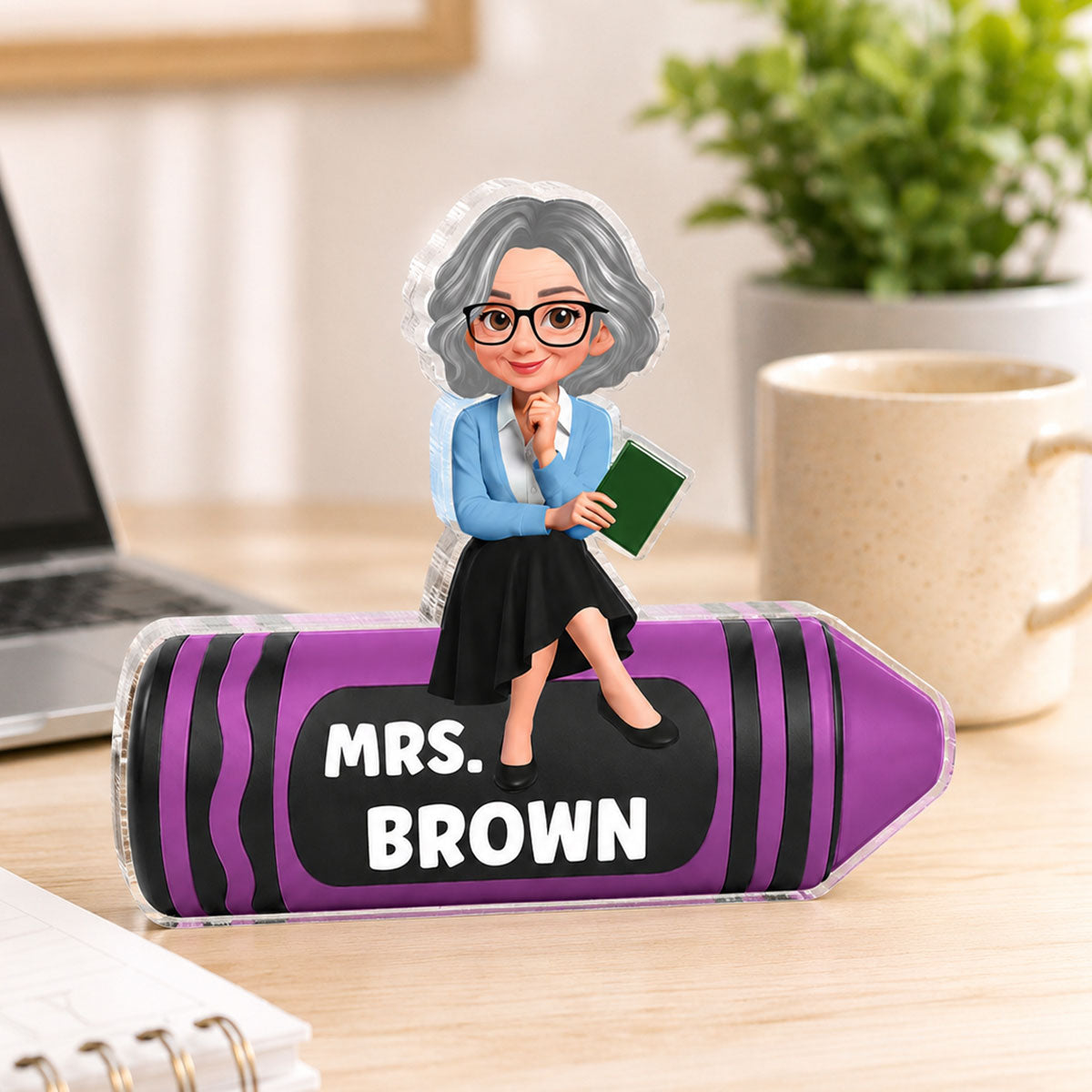 Teacher Sitting On Beautiful Crayon - Personalized Acrylic Block Plaque - Back To School Gift For Teacher, Classroom Decor