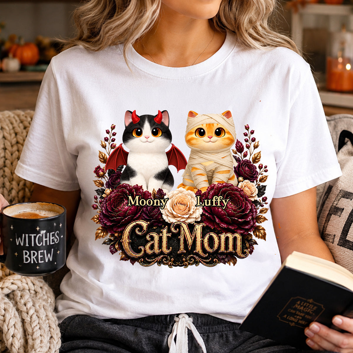 Cats Halloween Preppy Ghost Cherry - Personalized Shirt - Halloween Gift, Gift For Cat Lovers