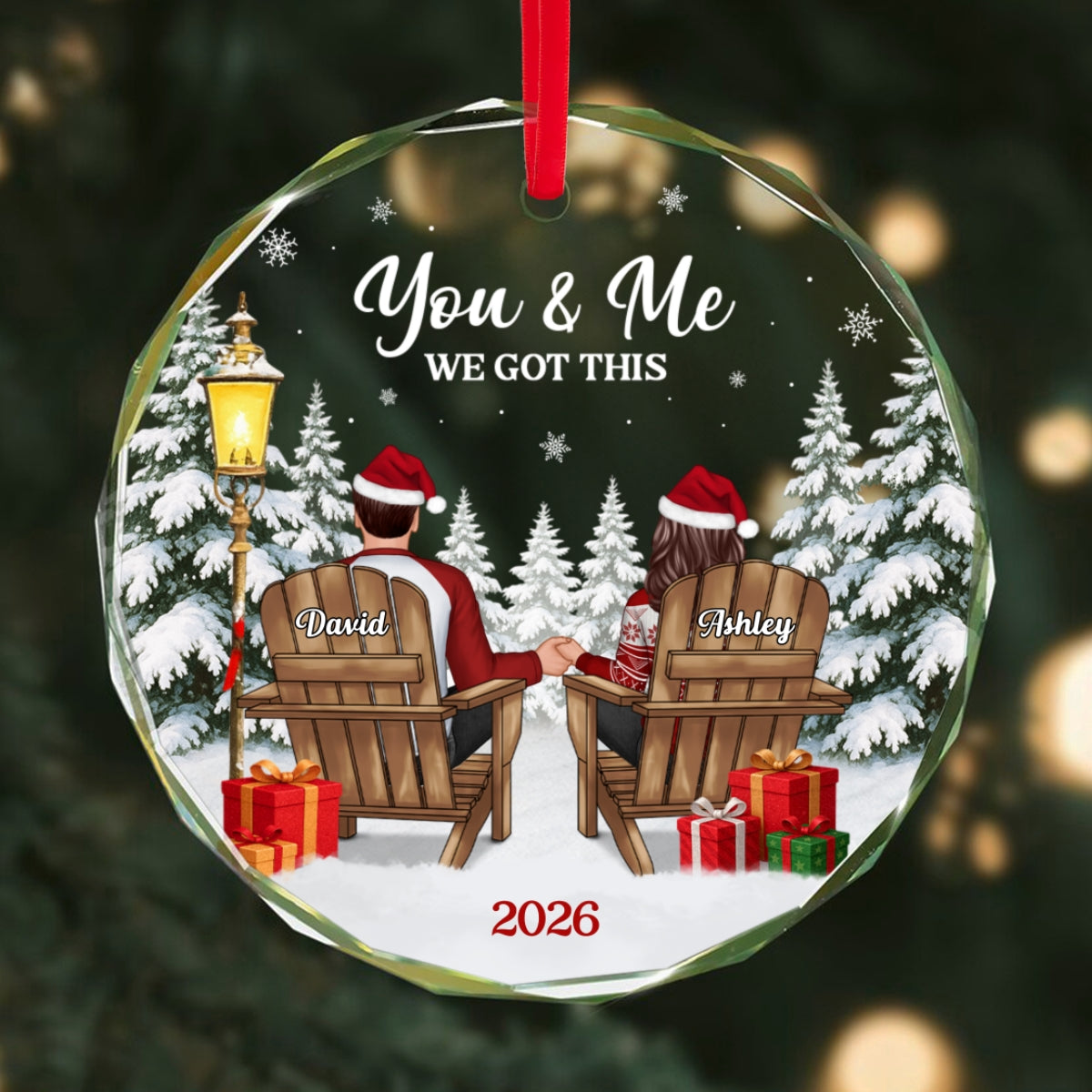 Couple Sitting Winter Landscape - Personalized Glass Ornament - Christmas Gift For Him, For Her, Anniversary Gift