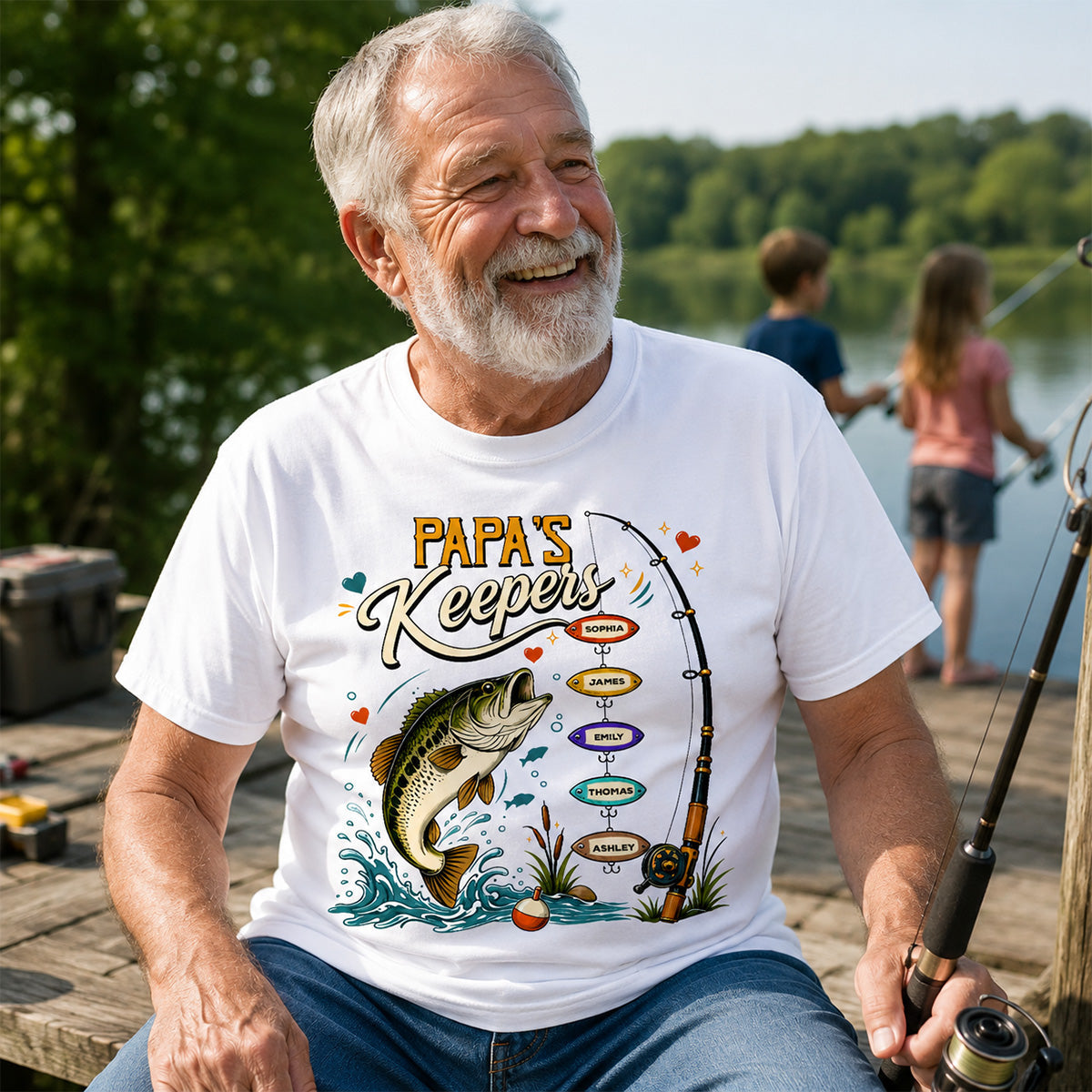 Grandpa's Keepers Fishing With Grandkids Names, Father's Day Papa Gift - Personalized Shirt