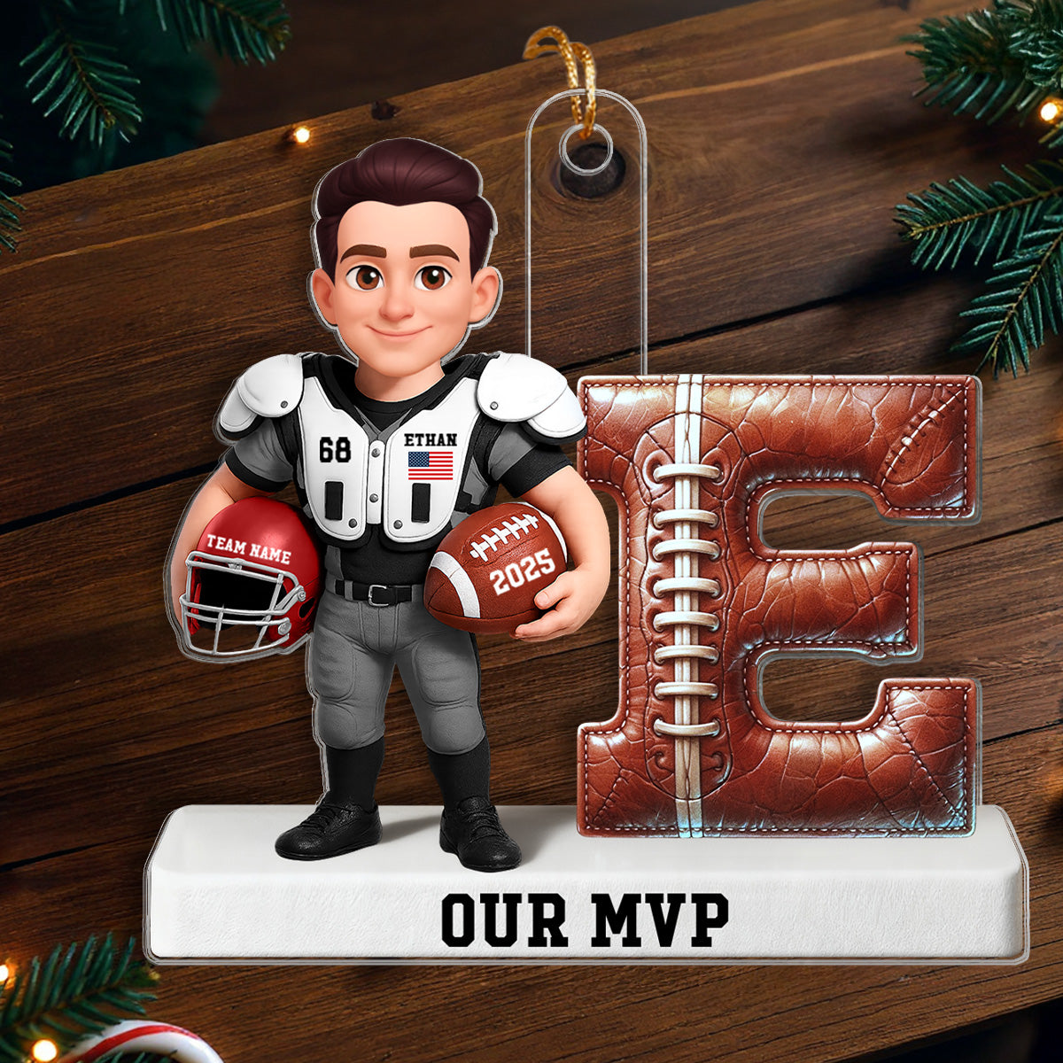 Proud American Football Player By Initial 3D Effect - Personalized Acrylic Ornament