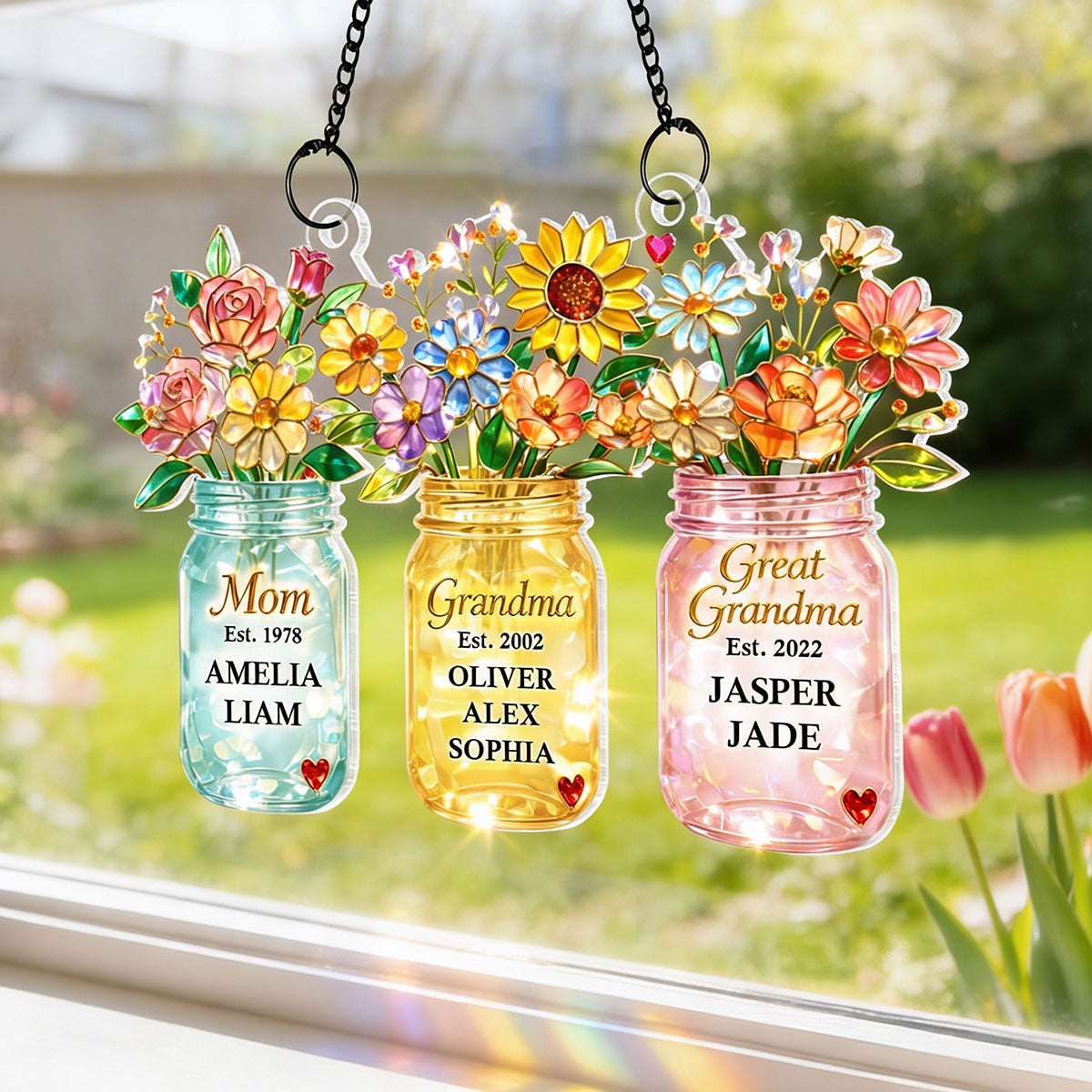 Mom Grandma Greatgrandma Flower - Personalized Suncatcher - Heartfelt Gift for Mom, Grandma