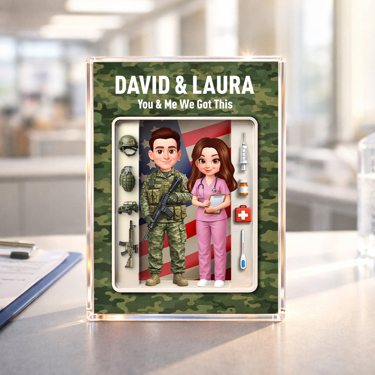 Army & Nurse Couple 3D Action Figure - Personalized Acrylic Block Plaque - Heartfelt Gift for Him, for Her