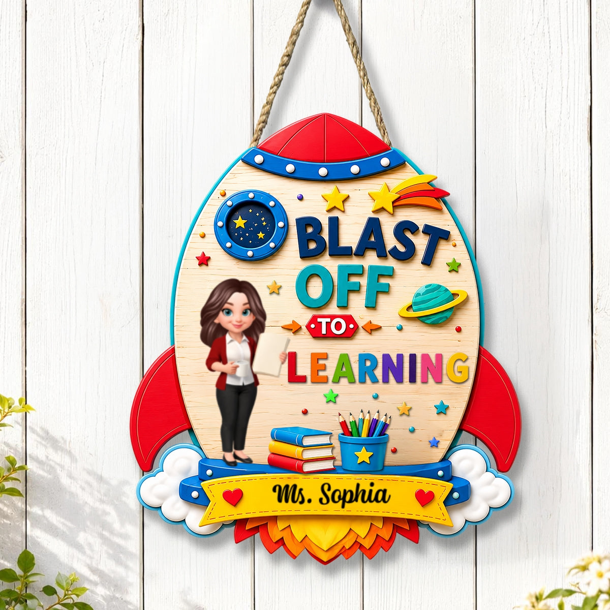 Blast Off To Learning Teacher - Personalized Wood Sign - Back To School Gift For Teacher, Classroom Decor