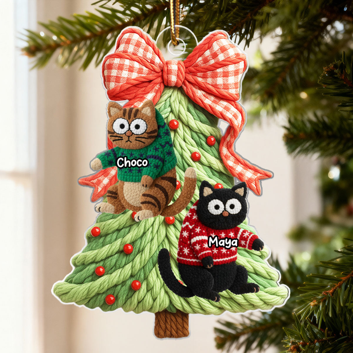 Cat Hanging on Christmas Tree Latch Hook Yarn Faux - Personalized Acrylic Ornament - Christmas Gift for Cat Lovers