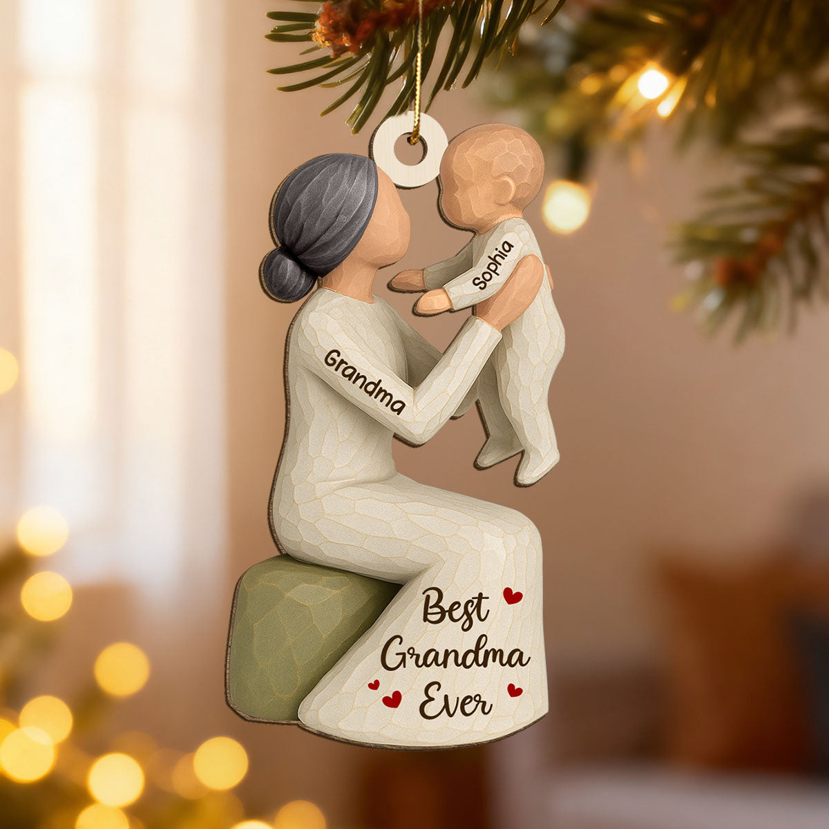 3D Effect Grandma Holding Grandkid - Personalized Wooden Ornament - Unique Christmas Gift for Grandma