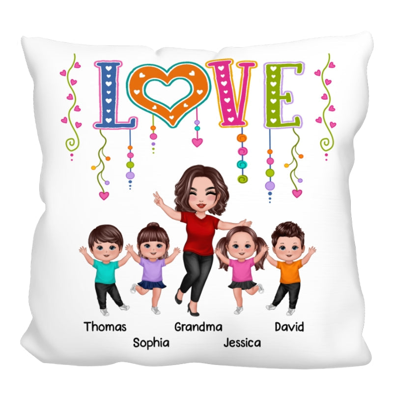 LOVE Happy Doll Grandma Mom With Kids Personalized Pillow