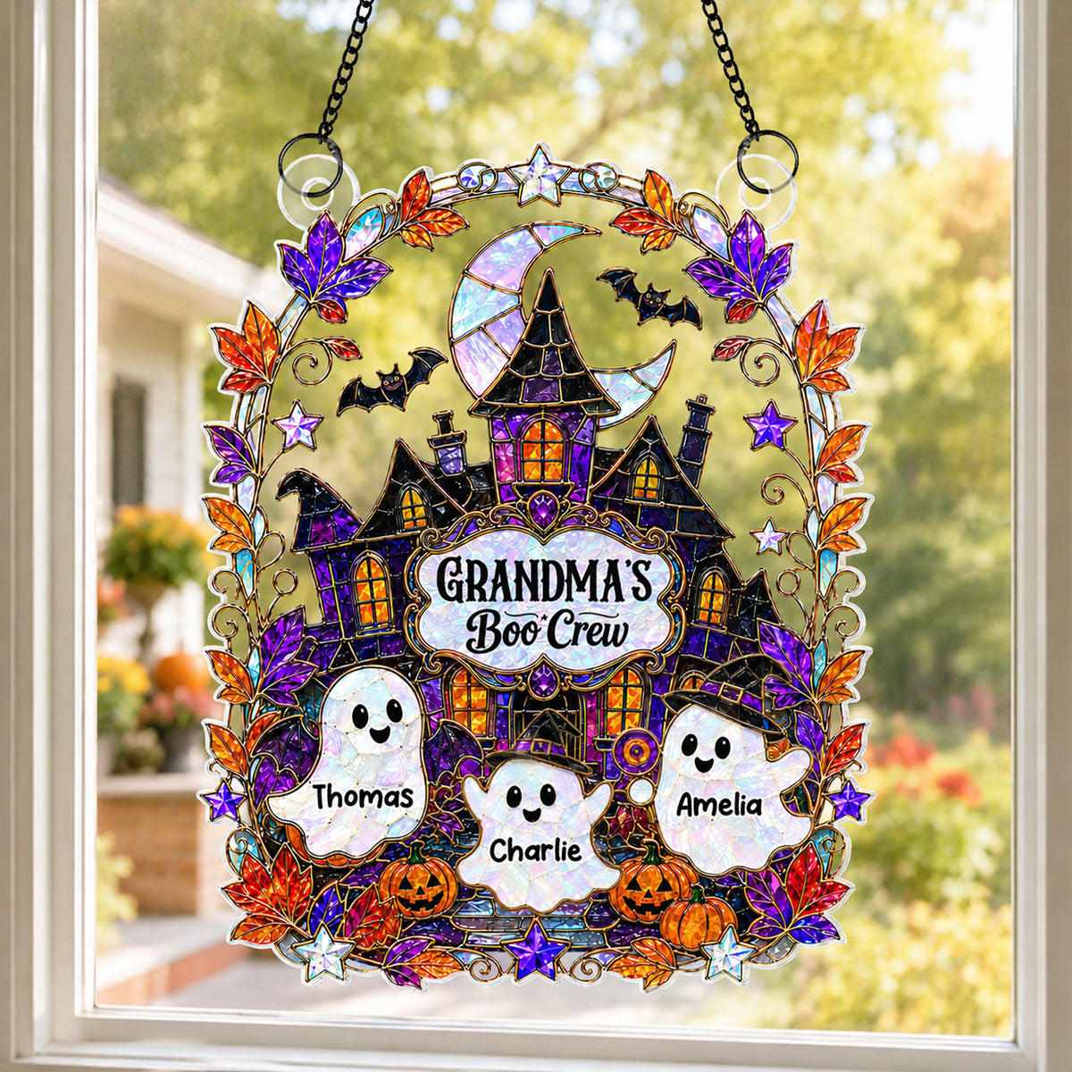 Whimsical Grandma's Boo Crew Haunted House - Personalized Acrylic Window Hanging - Halloween Decoration For Grandma