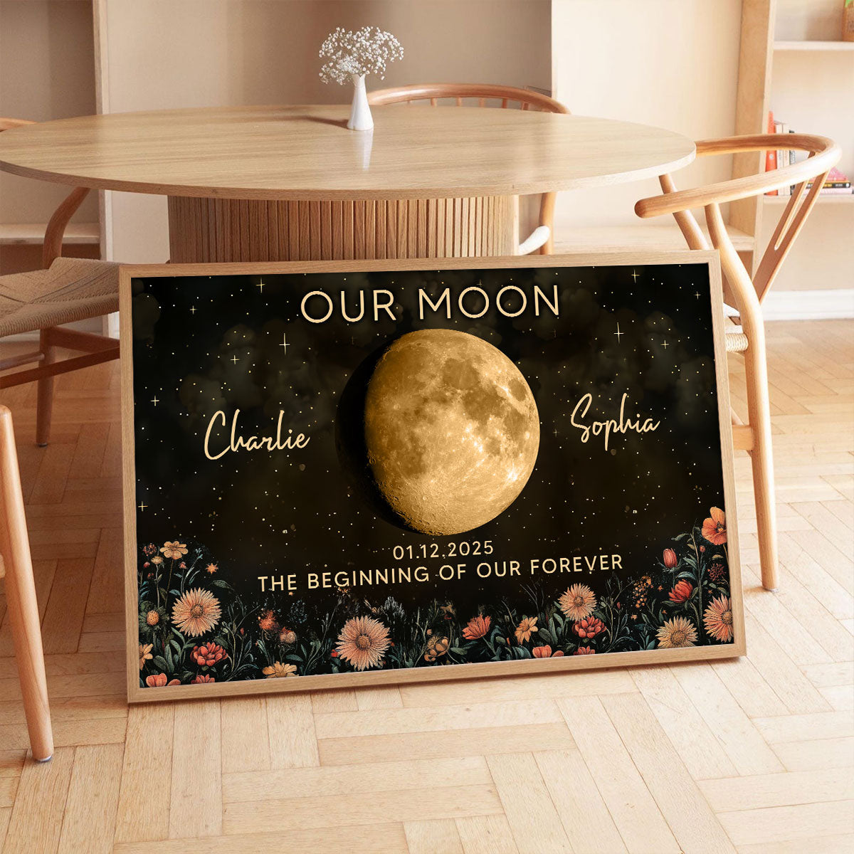 Night Sky Love Story Couple Custom Moon Phase Anniversary Date - Personalized Poster - Heartfelt Anniversary Gift, Valentine Gift, Wedding Gift For Couple