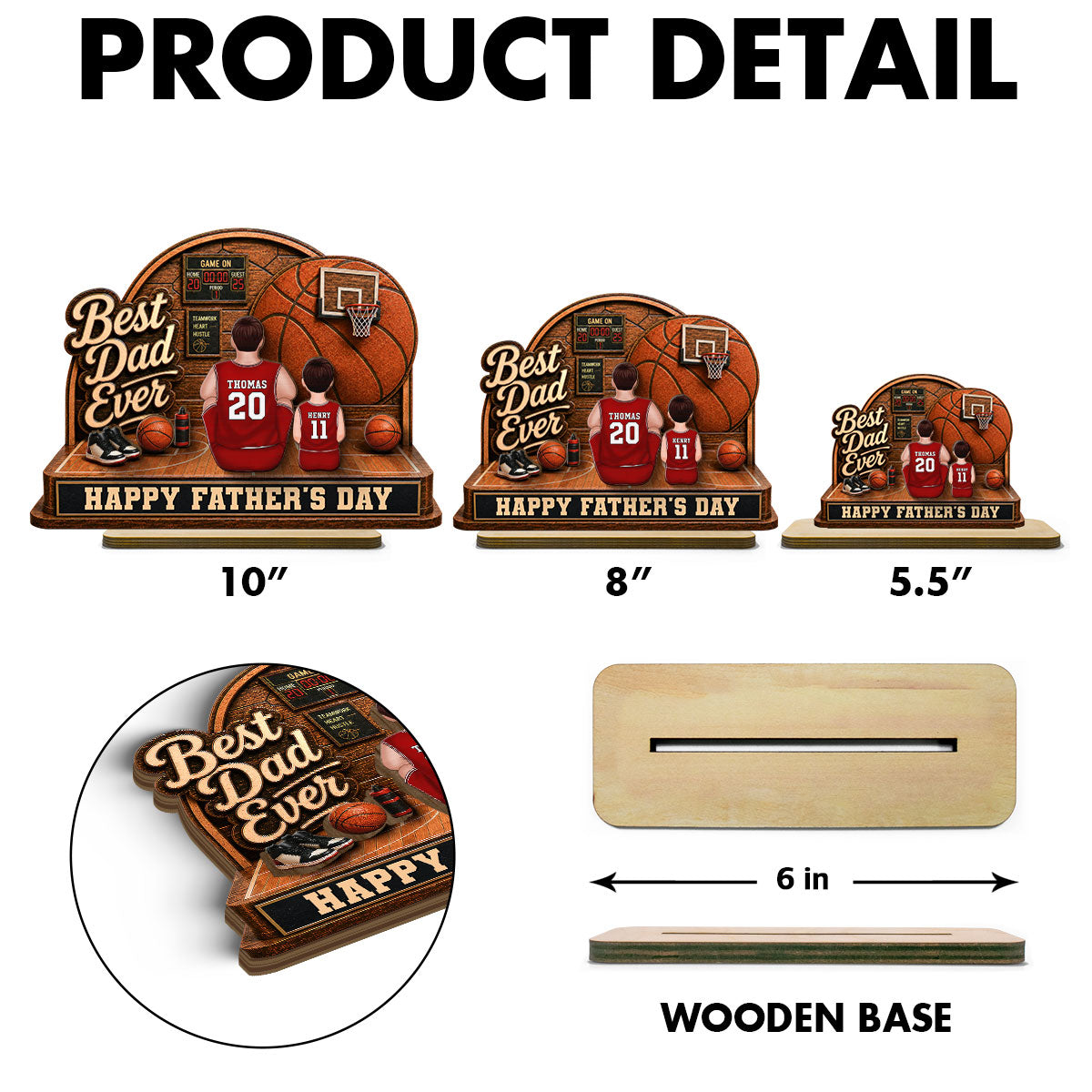 MVP Dad Back View Basketball Man & Kids 2D Flat - Personalized 2-Layered Wooden Plaque -  Gift For Basketball Dad