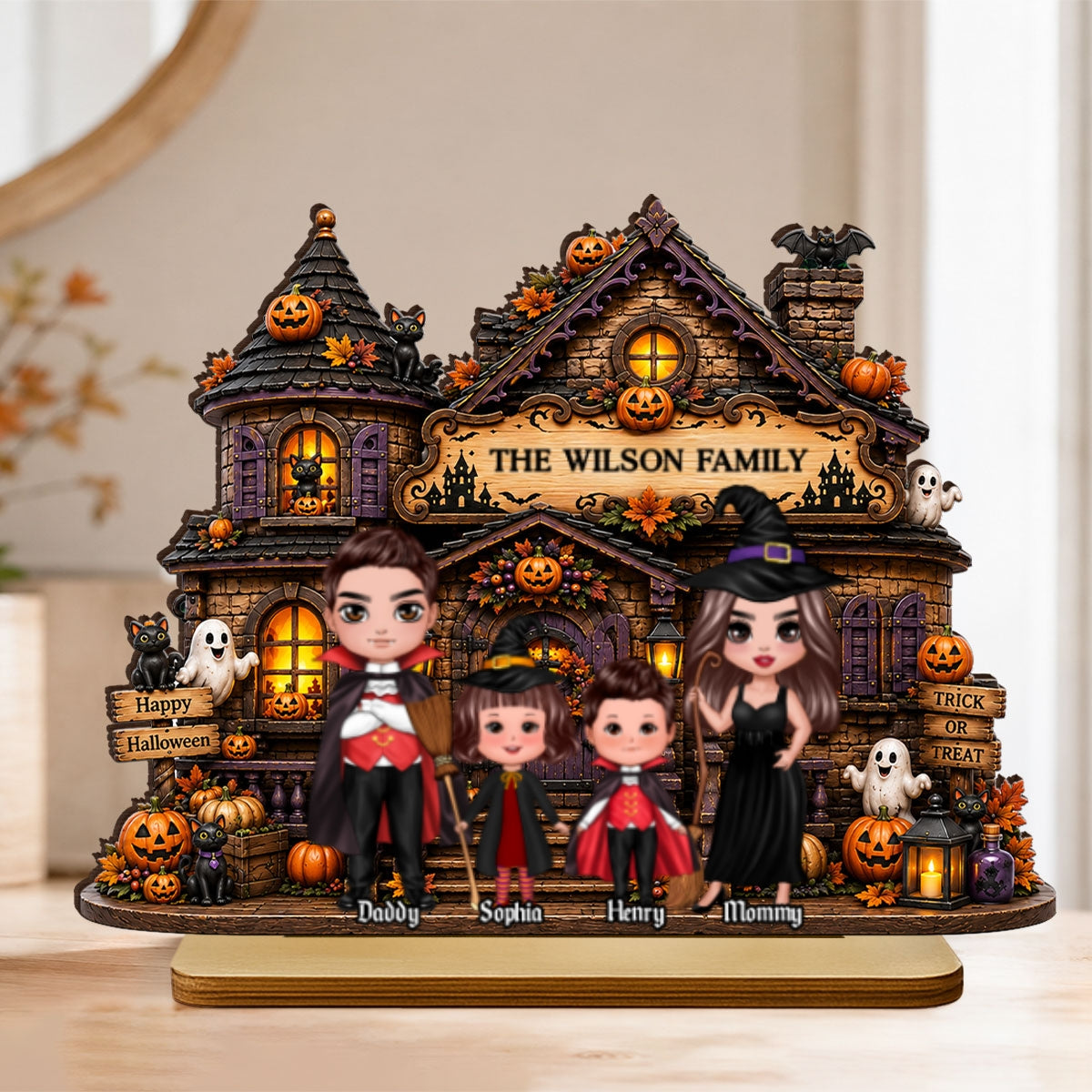 Family Haunted House Trick or Treat - Personalized 2-Layered Wooden Plaque - Halloween Gothic Home Sign