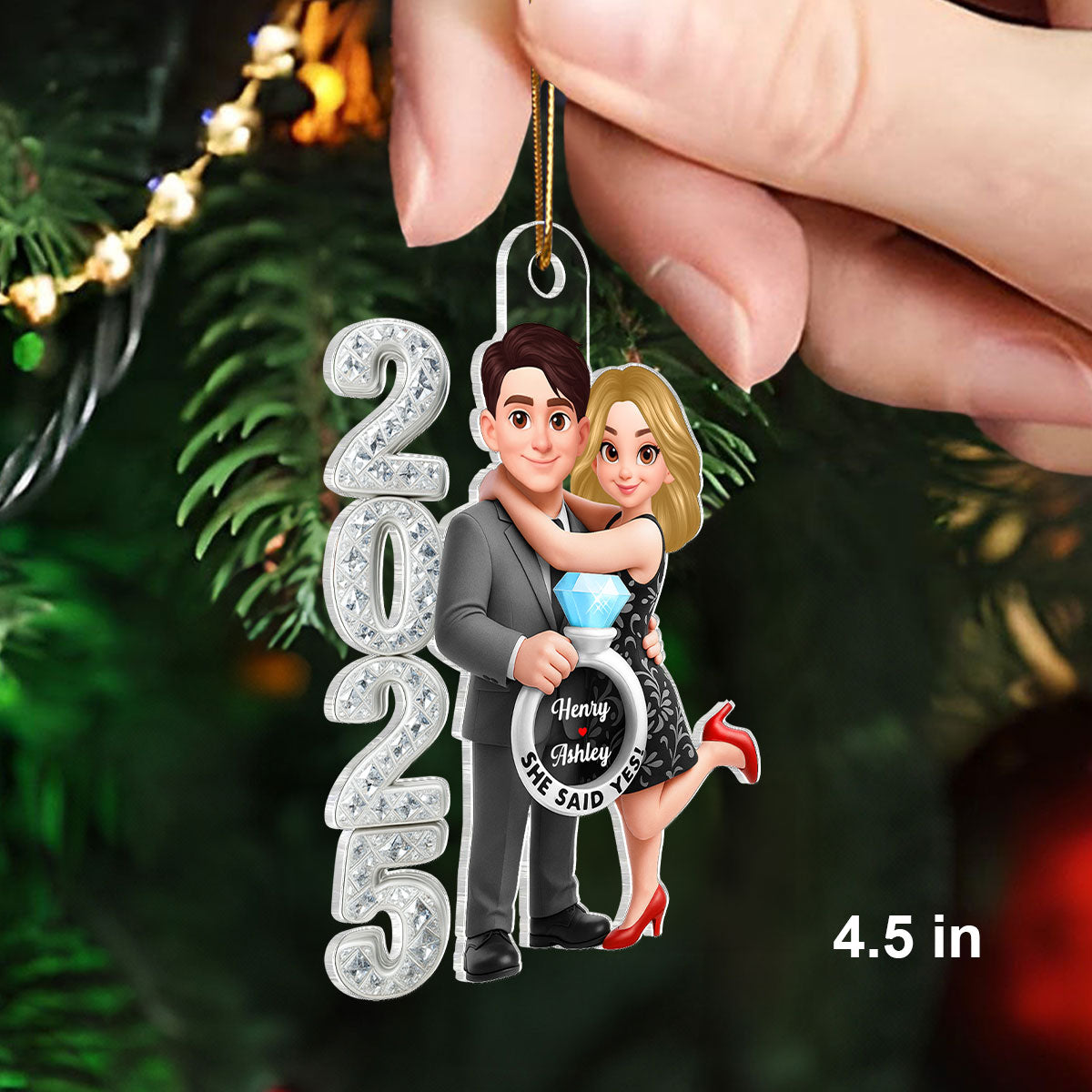 3D Crystal Effect Marriage Proposal Couple - Personalized Acrylic Ornament - Newly Engaged Gift, "She Said Yes!" Ornament