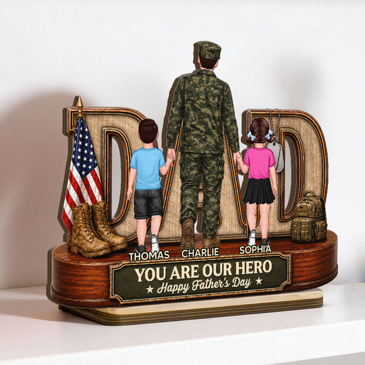 Proud American Army Dad You Are Our Hero - Personalized 2-Layered Wooden Plaque -  Gift For Dad, Husband