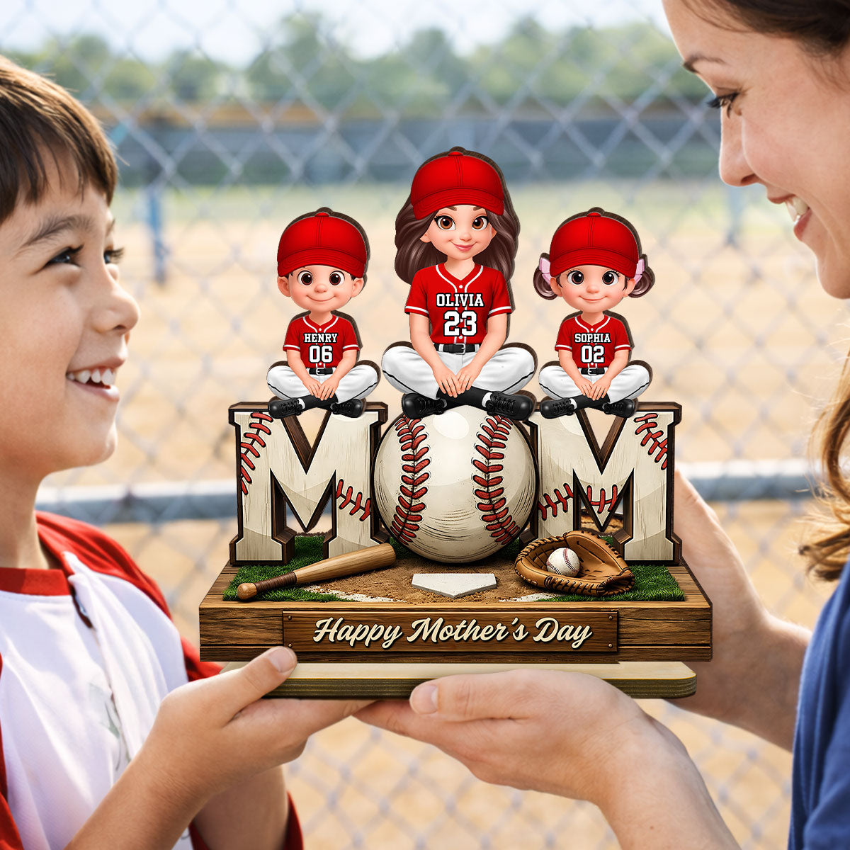 Baseball Mom And Kids Happy Mother's Day - Personalized 2-Layered Wooden Plaque - Mother's Day Gift For Baseball Mom