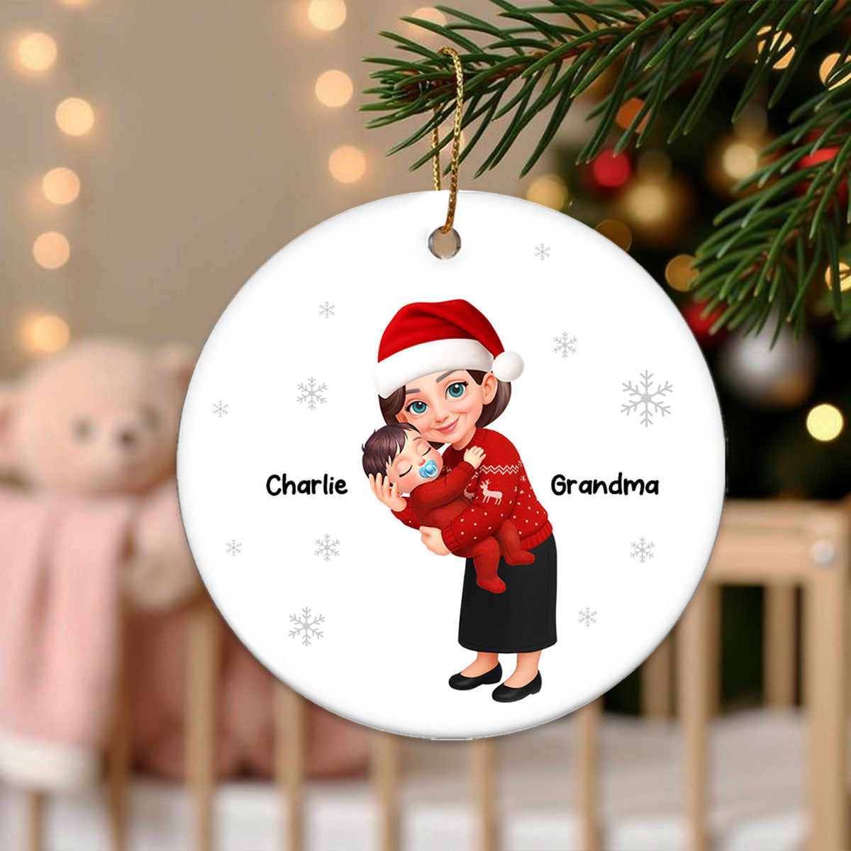 Christmas Grandma Hugging Grandkid - Personalized Ceramic Ornament - Heartwarming Gift For Kids, Grandmas