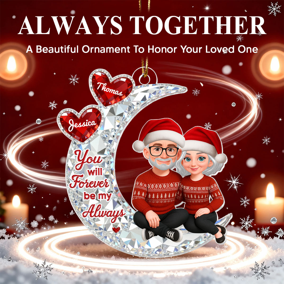 3D Effect Flat Couple Sitting On Moon - Personalized Acrylic Ornament - Heartfelt Gift For Couple, Gift For Him, For Her