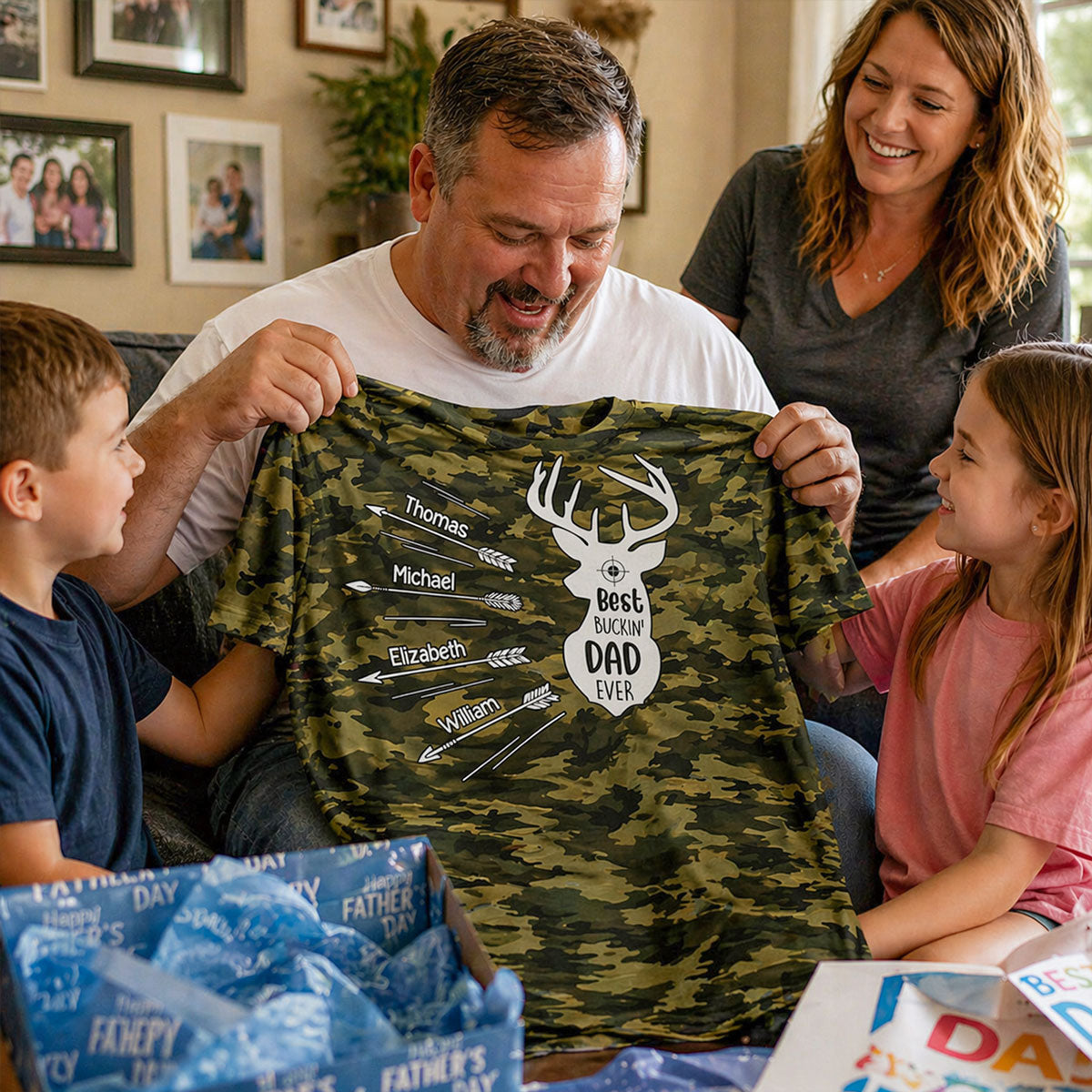 Best Buckin' Dad Grandpa Ever Kid Custom Name Camo Pattern - Personalized Shirt - Father's Day Gift For Hunting Dad