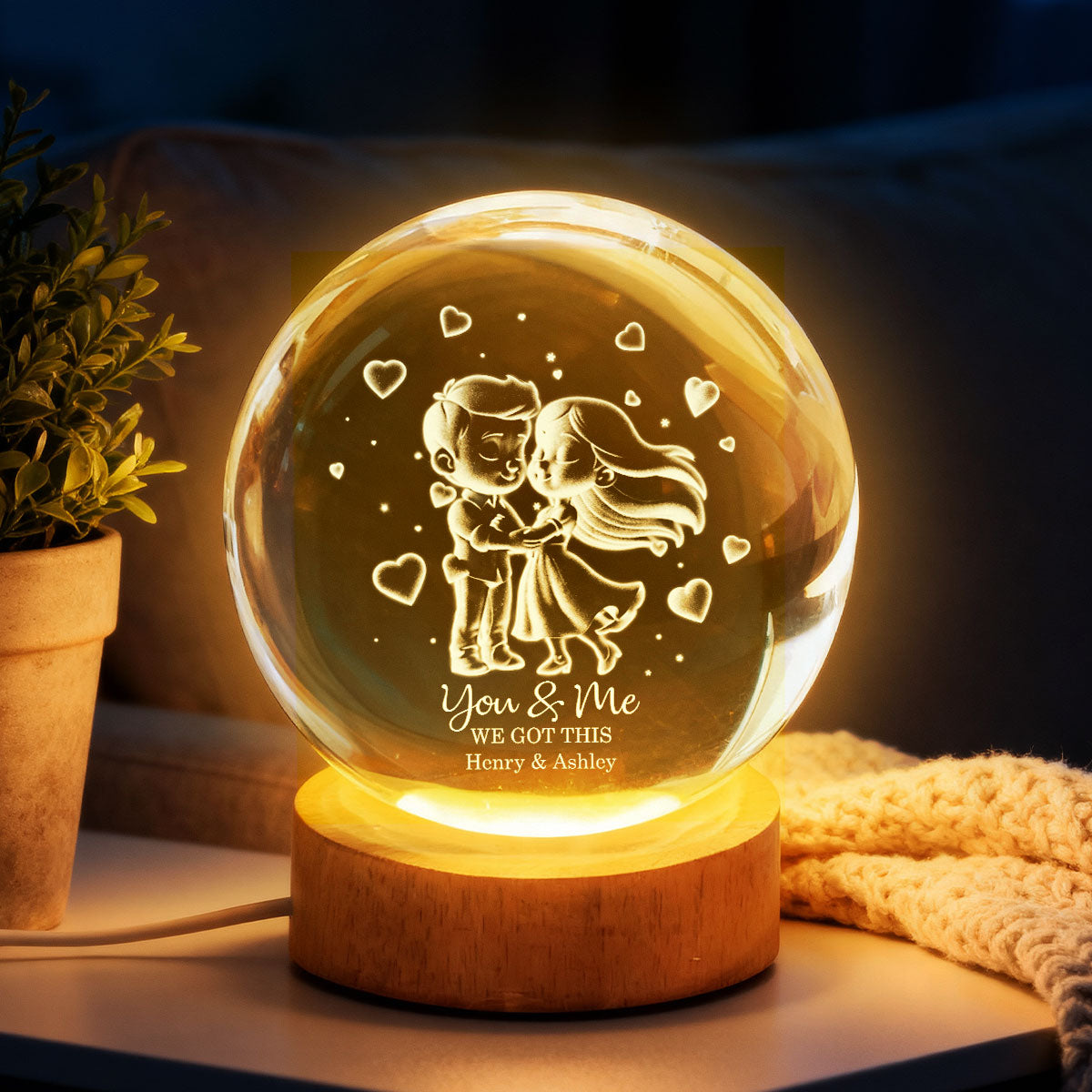 Loving Chibi Couple - Personalized Crystal Ball LED Night Light - Sentimental Valentine's Day Gift for Her, for Him