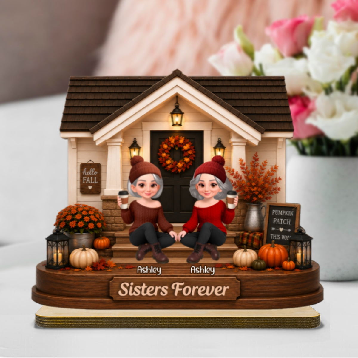 Front Porch Besties Sisters Fall Season 2D Flat - Personalized Wooden Plaque