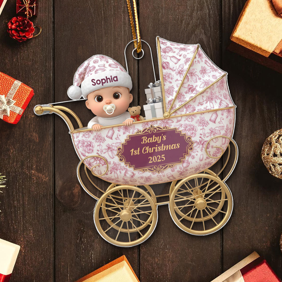 3D Effect Toile De Jouy Pattern Baby Inside Stroller - Personalized Acrylic Ornament - Baby First Christmas Keepsake