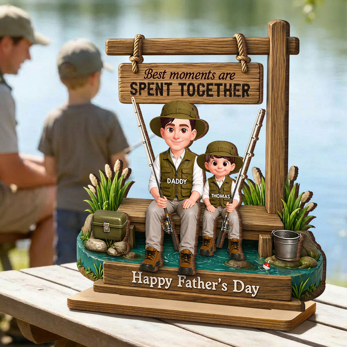 Best Moments Are Spent Together Fishing Dad Kids - Personalized 2-Layered Wooden Plaque - Heartfelt Gift For Fishing Dad, Gift For Husband