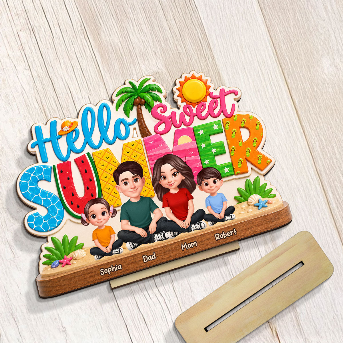Hello Summer Vibe Family Grandpa Grandma Dad Mom Kids - Personalized 2-Layered Wooden Plaque - Gift For Family, Grandparents, Summer Decoration