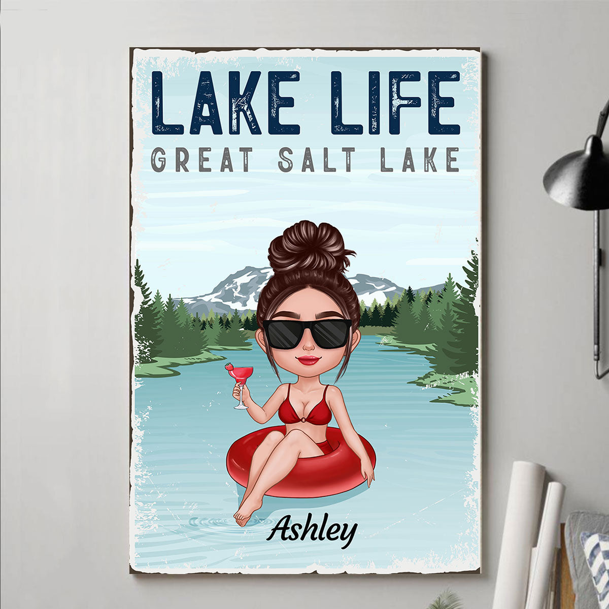 Lake Life Lake House Decor Doll Girl On Pool Float Personalized Vertical Poster