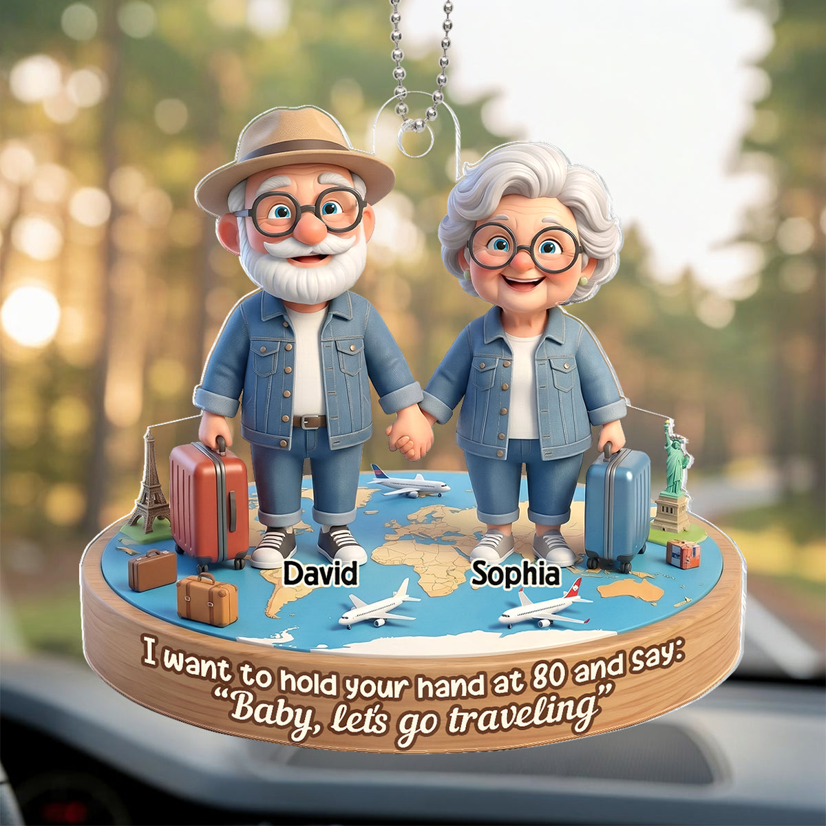 3D Effect Old Couple Baby Let's Go Traveling  - Personalized Acrylic Car Hanger - Sentimental Gift for him, for her