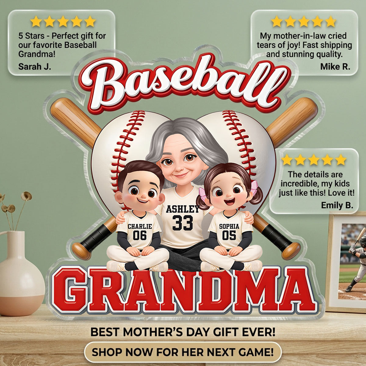 Little Sluggers Crew Baseball Grandma - Personalized Acrylic Block Plaque - Mother's Day Gift For Grandma, Mom