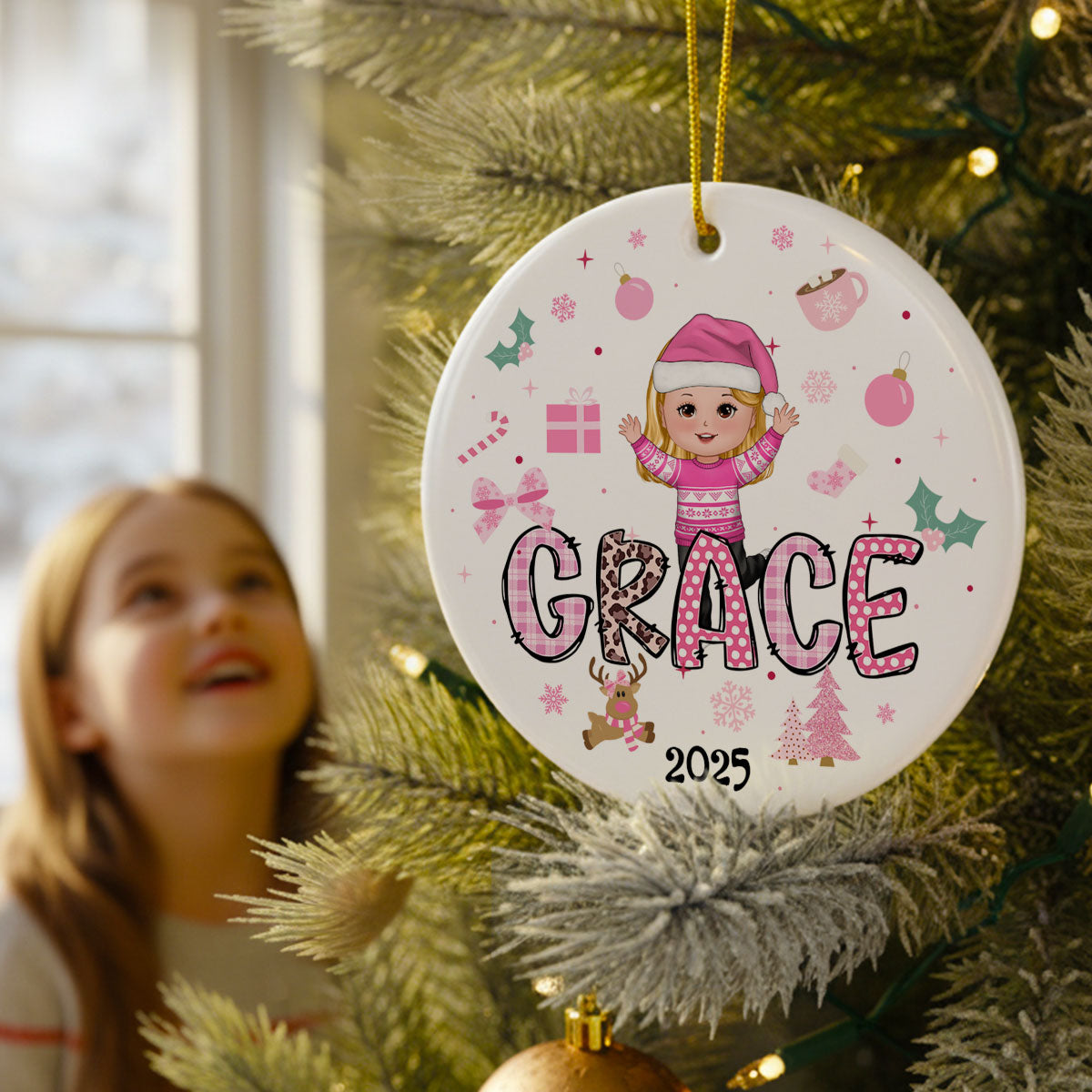 Pink Theme Cute Doll Girl Name Christmas - Personalized Ceramic Ornament - Gift For Daughter, Granddaughter