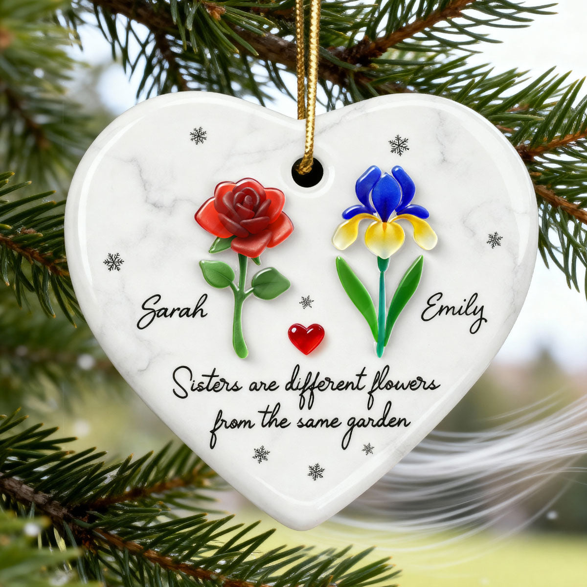3D Effect Sea Glass Sisters Are Different Flowers from the Same Garden - Personalized Ceramic Ornament with Acrylic