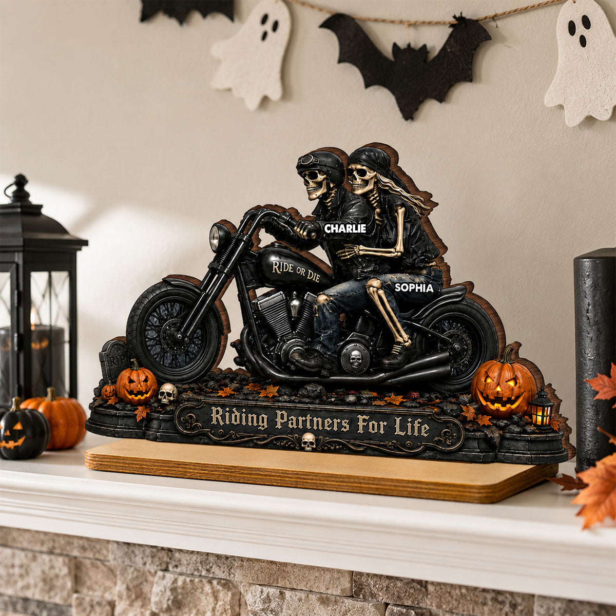 Riding Partners For Life Skeleton Couple - Personalized 2-Layered Wooden Plaque - Halloween Decor Gift, Gift For Couple