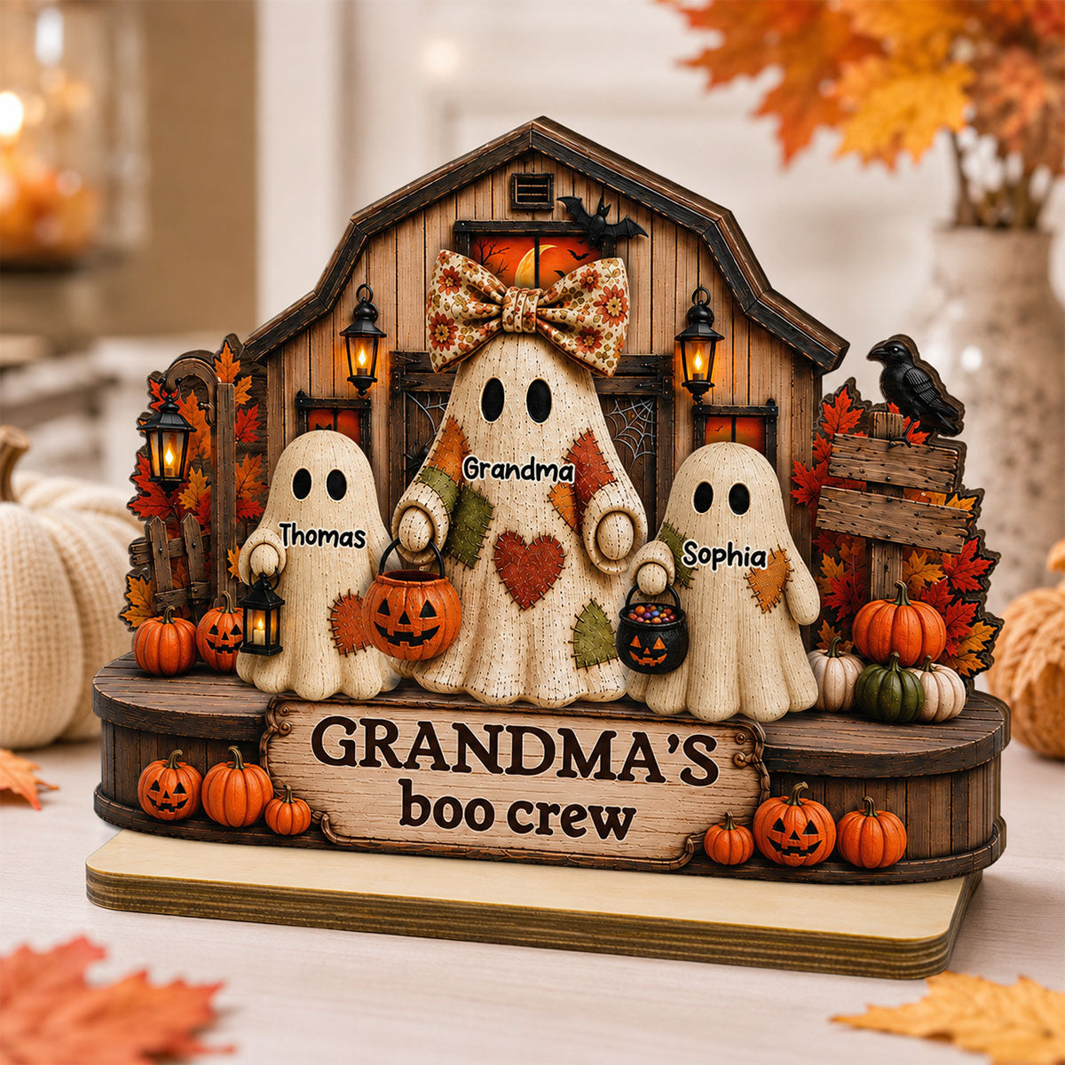 Fall Season Halloween Rustic Patchwork Style Grandma's Boo Crew - Personalized 2-Layered Wooden Plaque - Fall Halloween Decor For Grandma