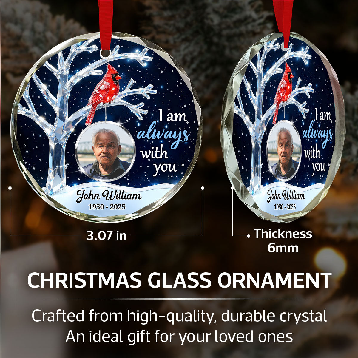3D Crystal Effect Memorial Winter Tree Cardinals Upload Photo - Personalized Glass Ornament - Remembrance Gift, Sympathy Gift